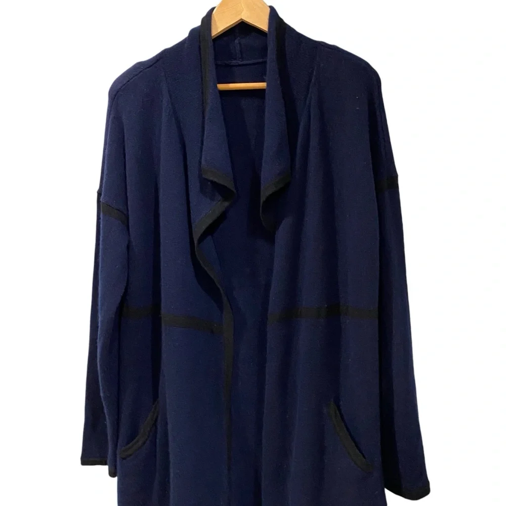 Ladies Navy Super Soft Cashmere Waterfall Open Sweater Cardigan with Pockets L - Picture 2 of 7
